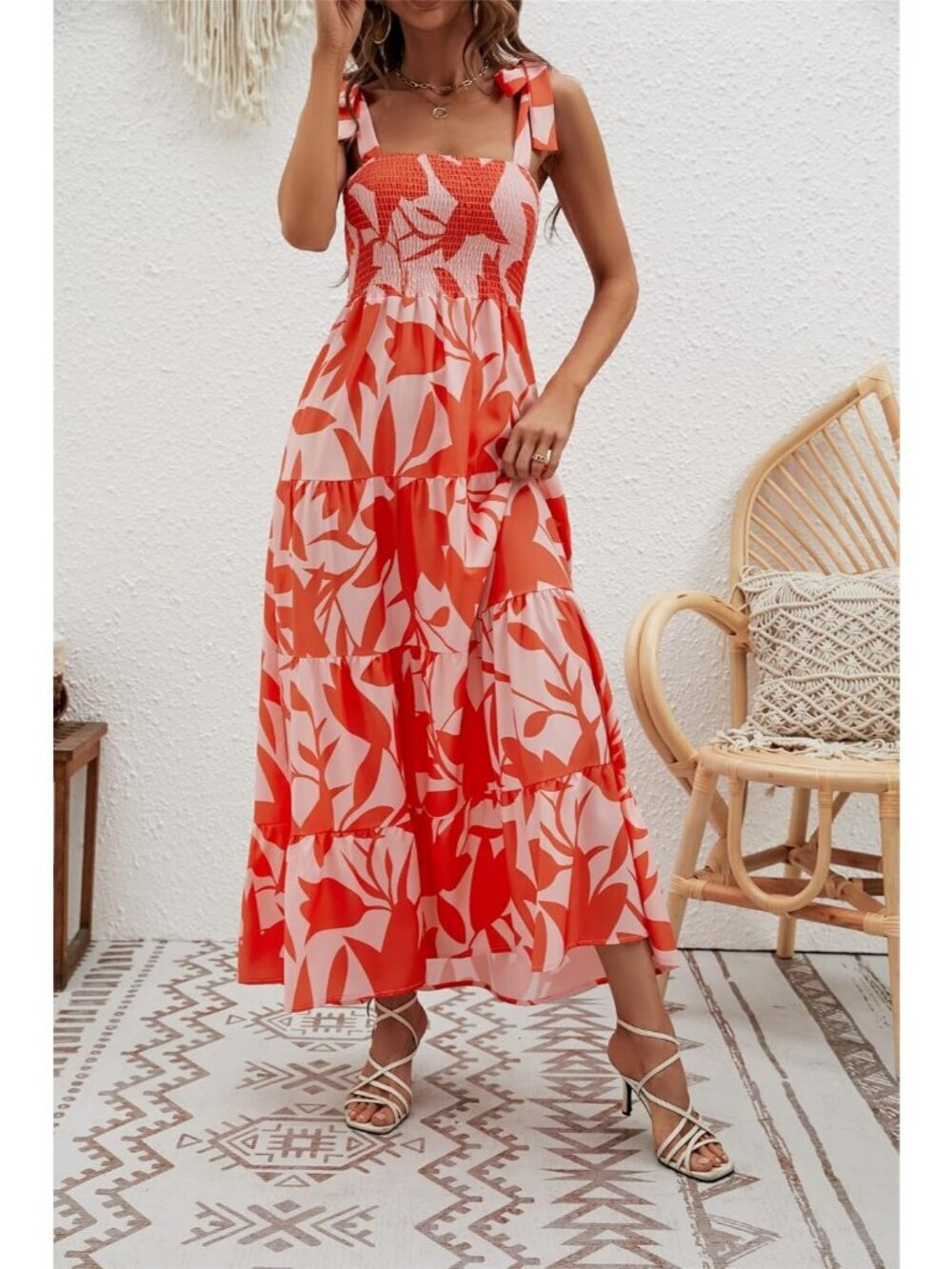 Women's Orange Floral 1 Sleeveless Square Neck Ruffle Flowy Imported Maxi Dress - Picture 2 of 6